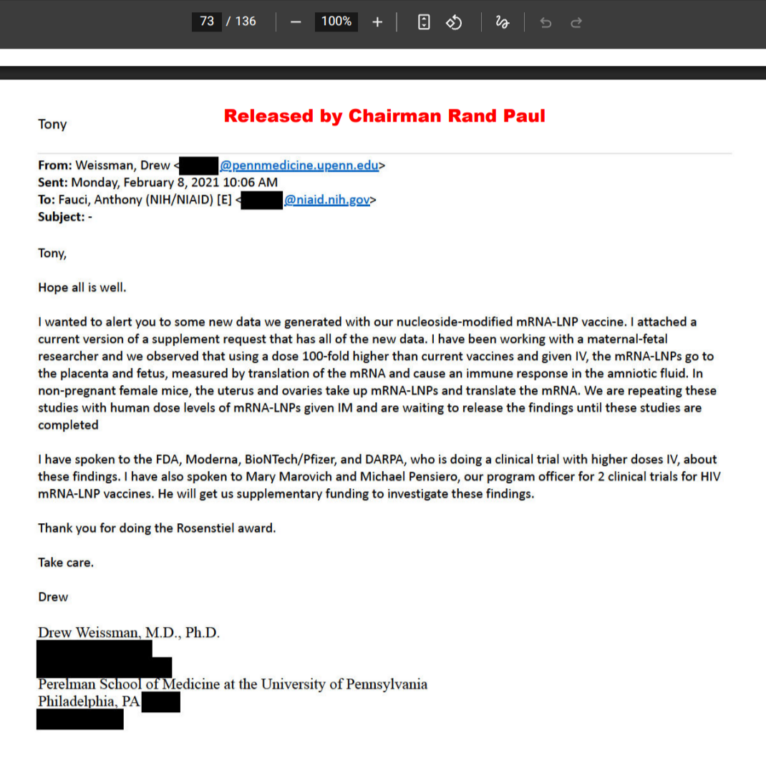Pagina 73 del documento rilasciato da Rand Paul con l'email di Drew Weissman a Anthony Fauci dell'8 febbraio 2021 sugli studi mRNA nei topi in gravidanza