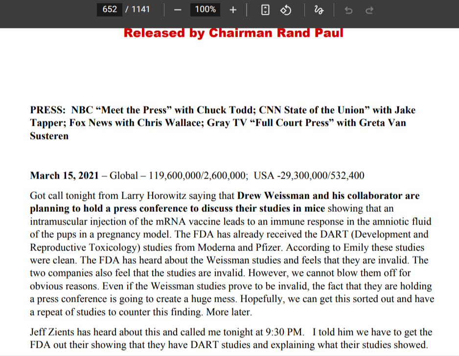 Pagina del diario di Fauci del 15 marzo 2021 con la nota sulla telefonata di Larry Horowitz sugli studi di Weissman e la conferenza stampa pianificata