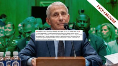 Anthony Fauci durante un'audizione al Congresso americano. In sovrimpressione, lo screenshot del post virale sul diario di Fauci e le nanoparticelle lipidiche del vaccino mRNA