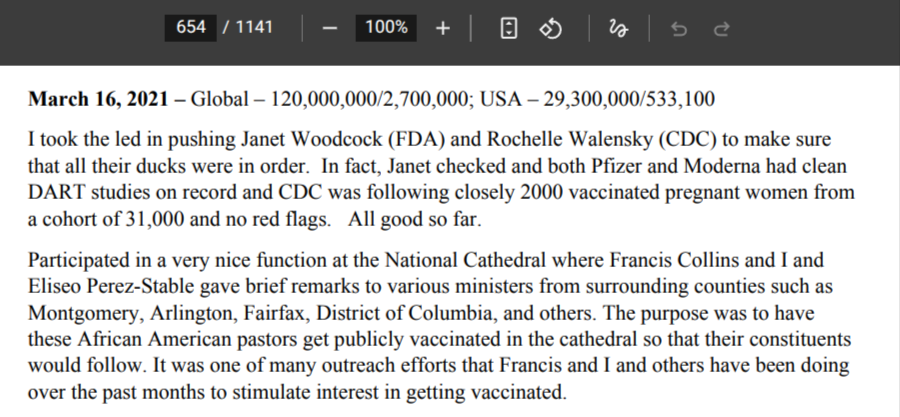 Pagina del diario di Fauci del 16 marzo 2021 con la conferma degli studi DART puliti di Pfizer e Moderna e il monitoraggio di 2000 donne in gravidanza vaccinate senza segnali d'allarme