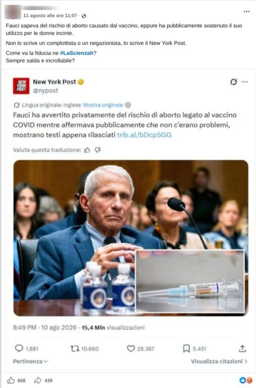 Screenshot del post Facebook con la descrizione fuorviante dei messaggi di Fauci sul vaccino e gli aborti spontanei