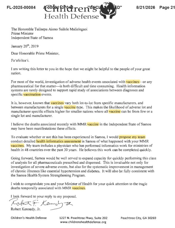 La lettera che Kennedy inviò al primo ministro samoano prima di partire per le Samoa a parlare contro i vaccini