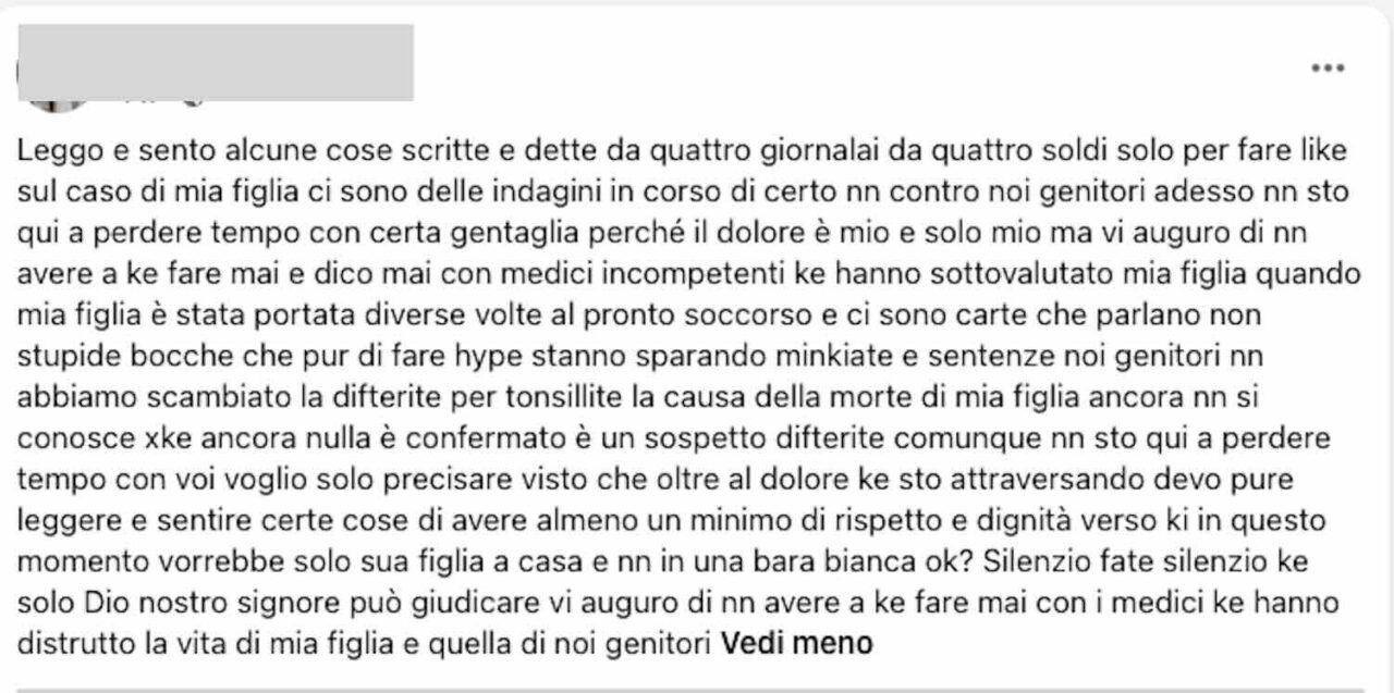 Il post su Facebook della madre della bambina morta a 4 anni per sospetta difterite a Palermo