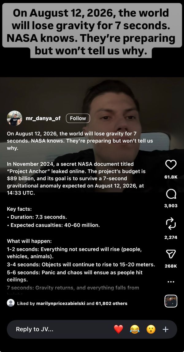 Screenshot del post originale di @mr_danya_of su TikTok con il claim sulla perdita di gravità del 12 agosto 2026