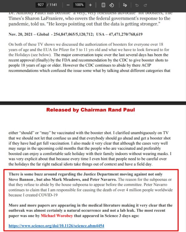 Pagina 927 del diario di Fauci: annotazione sull'accusa di Peter Navarro e il riferimento alla letteratura scientifica sull'origine naturale del virus