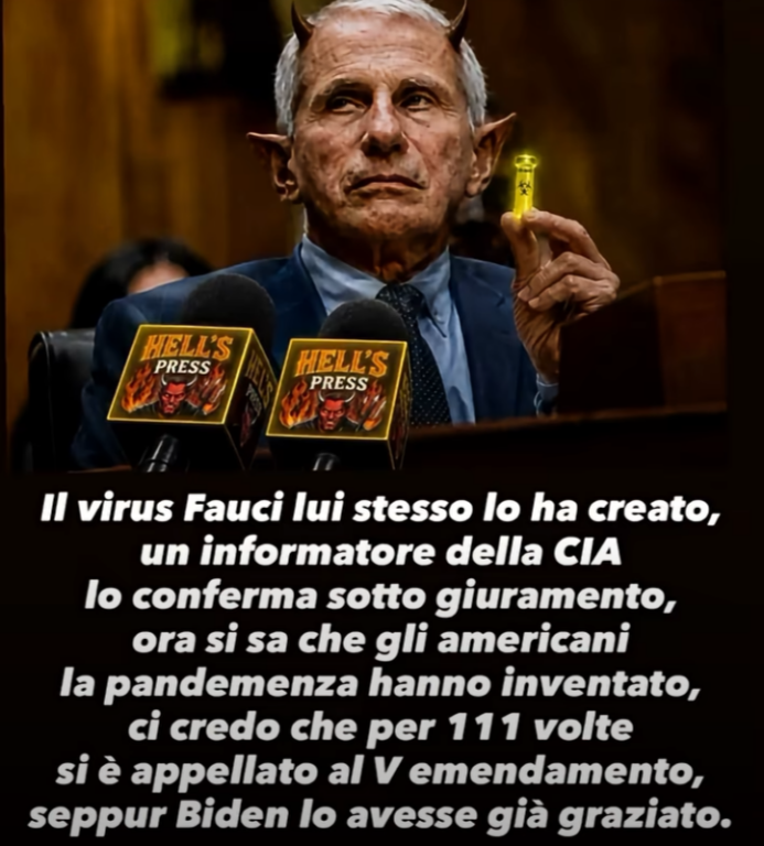 Immagine manipolata di Anthony Fauci con corna e testo sovrapposto che lo accusa di aver creato il Covid