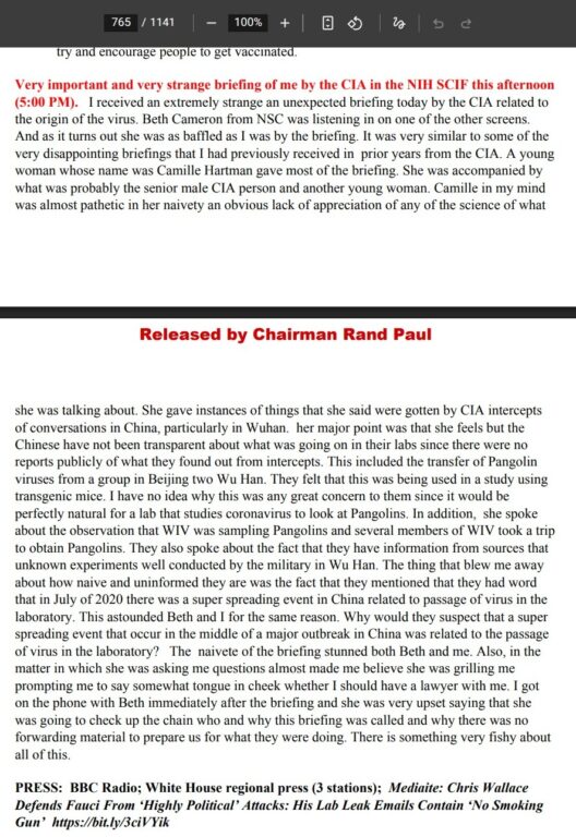 Pagine 764-765 del diario di Fauci: resoconto del briefing CIA al NIAID SCIF, definito naïf e scientificamente inconsistente