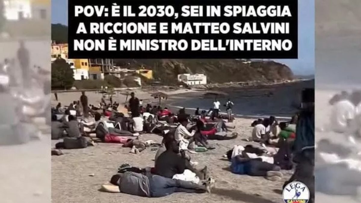 Un video su Riccione mostra immagini di Ceuta come se fossero ambientate in spiaggia, con scritta ironica su Matteo Salvini