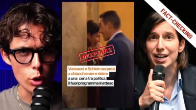 Composizione con il content creator Leonardo Pippa a sinistra, uno screenshot del deepfake con il timbro "Deepfake" al centro, Roberto Vannacci e Elly Schlein a destra