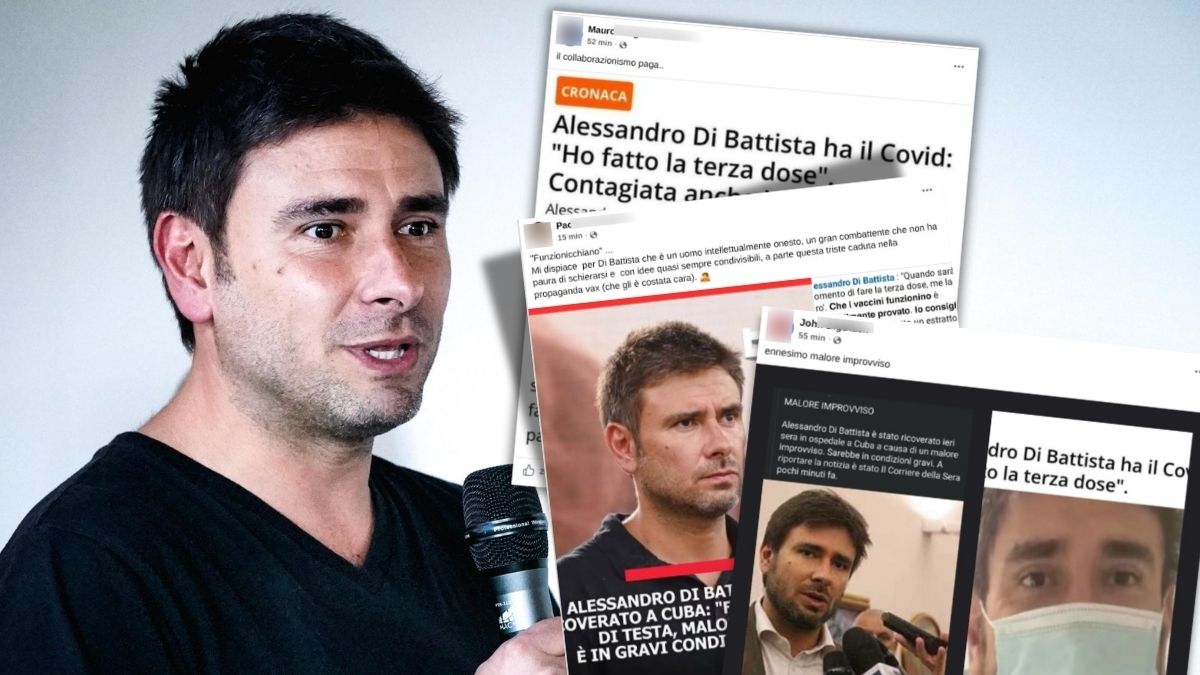 Foto di Alessandro Di Battista e screenshot social della propaganda No Vax per il suo malore a Cuba