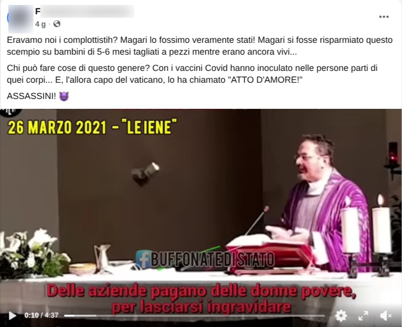 Screenshot del post che diffonde il video sull'audizione Ernst-Fauci collegandolo alla teoria del complotto sui feti abortiti nei vaccini Covid