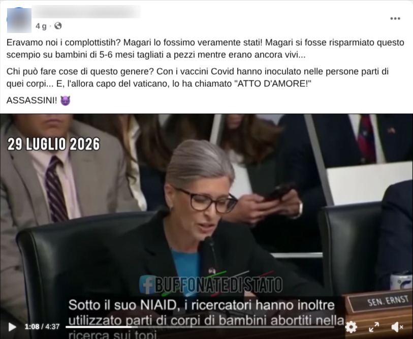 Screenshot del video che mostra le dichiarazioni della senatrice Ernst sull'audizione Fauci abbinate alla teoria no vax dei feti abortiti nei vaccini Covid
