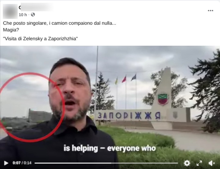 Screenshot di un commento a una condivisione del video in cui si ironizza sulla comparsa improvvisa di un camion nell'inquadratura