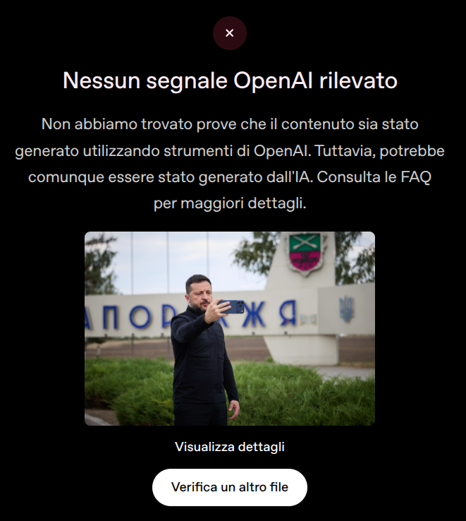Screenshot del risultato del tool di verifica immagini di OpenAI sulla fotografia della Presidenza ucraina