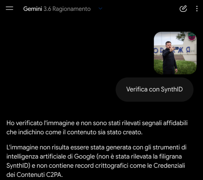 Screenshot del risultato della verifica SynthID di Google sulla stessa fotografia