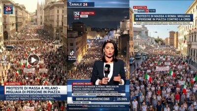 Tre fotogrammi affiancati di video generati con l'IA che mostrano finte manifestazioni di massa a Milano e Roma, con grafiche di telegiornali inventati