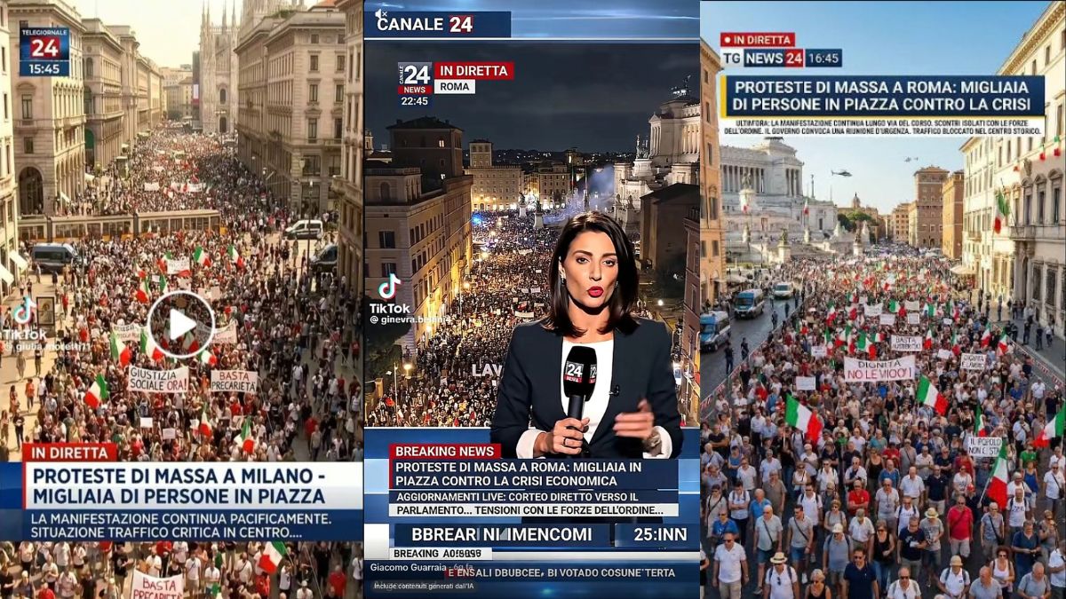 Tre fotogrammi affiancati di video generati con l'IA che mostrano finte manifestazioni di massa a Milano e Roma, con grafiche di telegiornali inventati