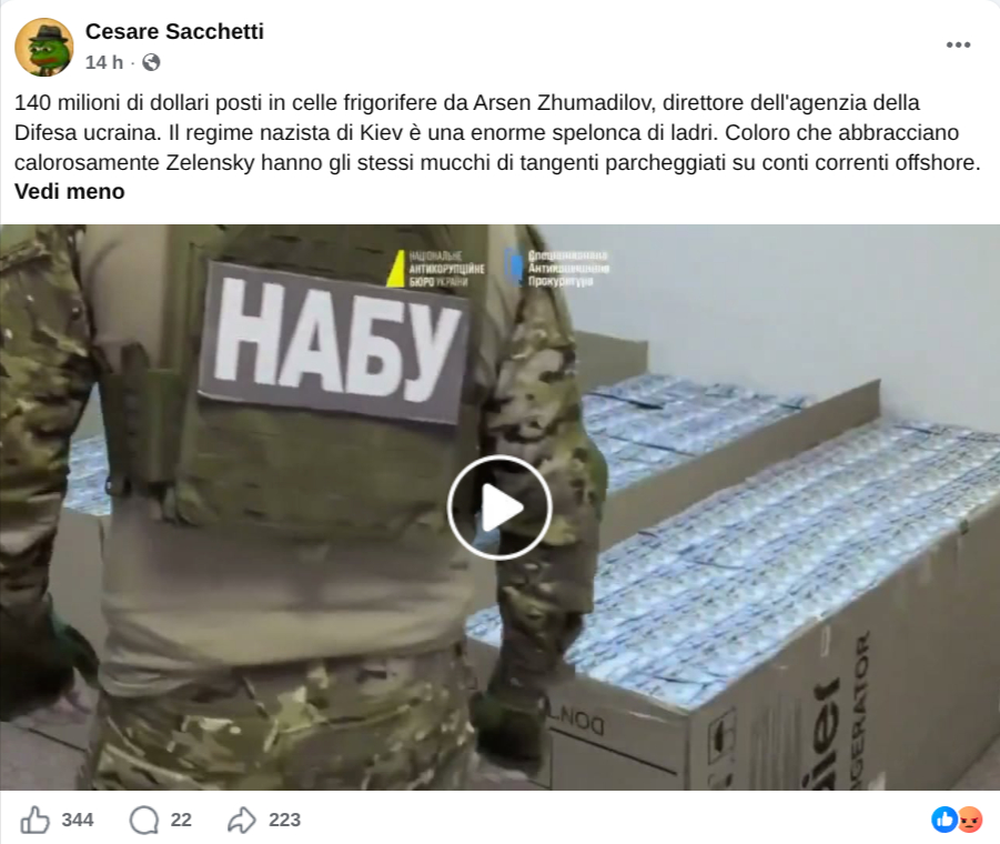 Schermata del post pubblicato da Cesare Sacchetti con il testo della falsa narrazione