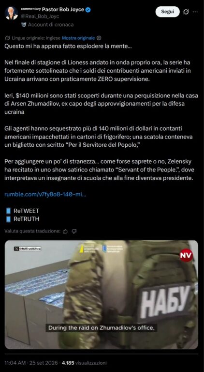 Un post X con il testo della falsa narrazione e il video completo falsificato