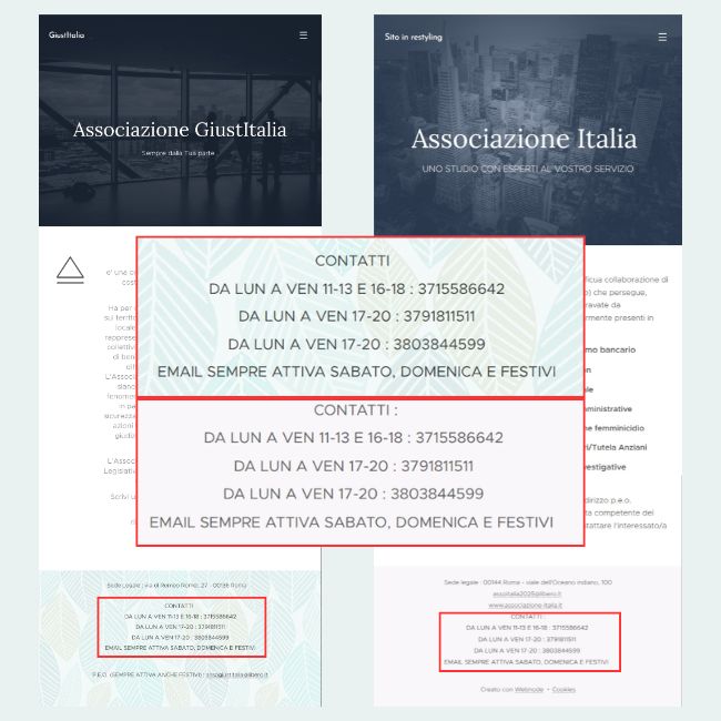 I recapiti telefonici pubblicati sui siti di Giustitalia e Associazione Italia