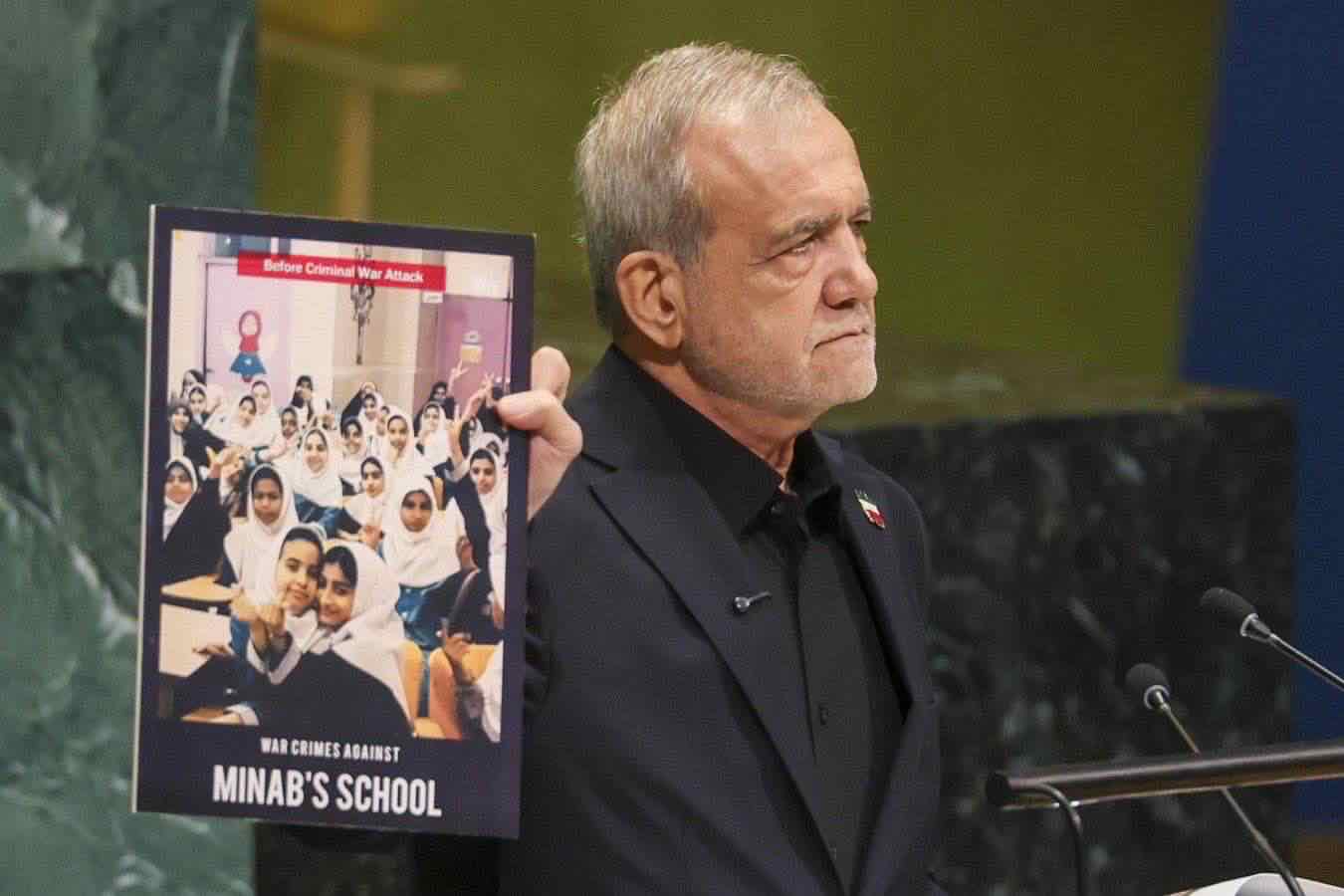 Pezeshkian mostra foto bambini iraniani uccisi da bombe Usa