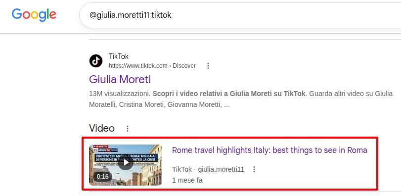 Risultati di una ricerca Google che mostrano i video pubblicati dall'account TikTok @giulia.moretti11