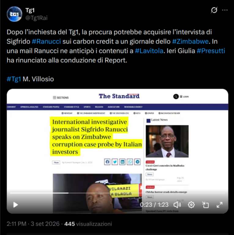 Lo screenshot dell'articolo del The Standard mostrato durante il servizio del TG1