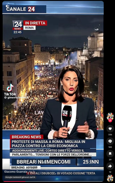 Fotogramma di un secondo video generato con l'IA su una finta manifestazione a Roma, diffuso dall'account TikTok @gineva.bellini4