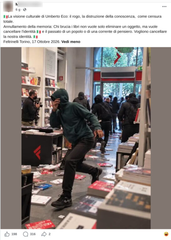Immagine creata con l’IA di una libreria con libri a terra e un ragazzo con felpa verde e volto coperto in fuga