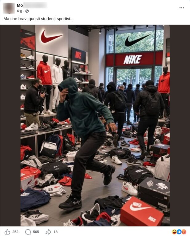 Immagine creata con l’IA di un negozio Nike con scarpe e vestiti a terra e ragazzi incappucciati in fuga