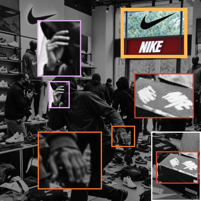 Dettagli dell’immagine del negozio Nike con le anomalie tipiche dell’IA, tra cui le mani del ragazzo e le scritte senza senso sulle scatole
