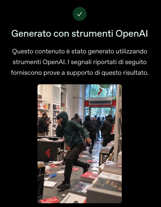 Risultato dello strumento Verify che indica l’immagine della Feltrinelli come generata con strumenti OpenAI