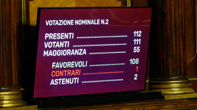 Tabellone elettronico del Senato con risultato votazione della risoluzione di maggioranza n.6 sulle comunicazioni della presidente del Consiglio dei Ministri Giorgia Meloni in vista del prossimo Consiglio europeo, Roma,14 Ottobre 2026. ANSA/GIUSEPPE LAMI