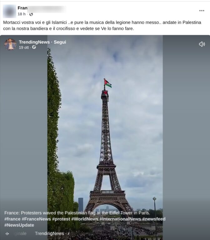 Screenshot di un post su Facebook che condivide il video della Torre Eiffel, generato con l’IA, con i commenti degli utenti