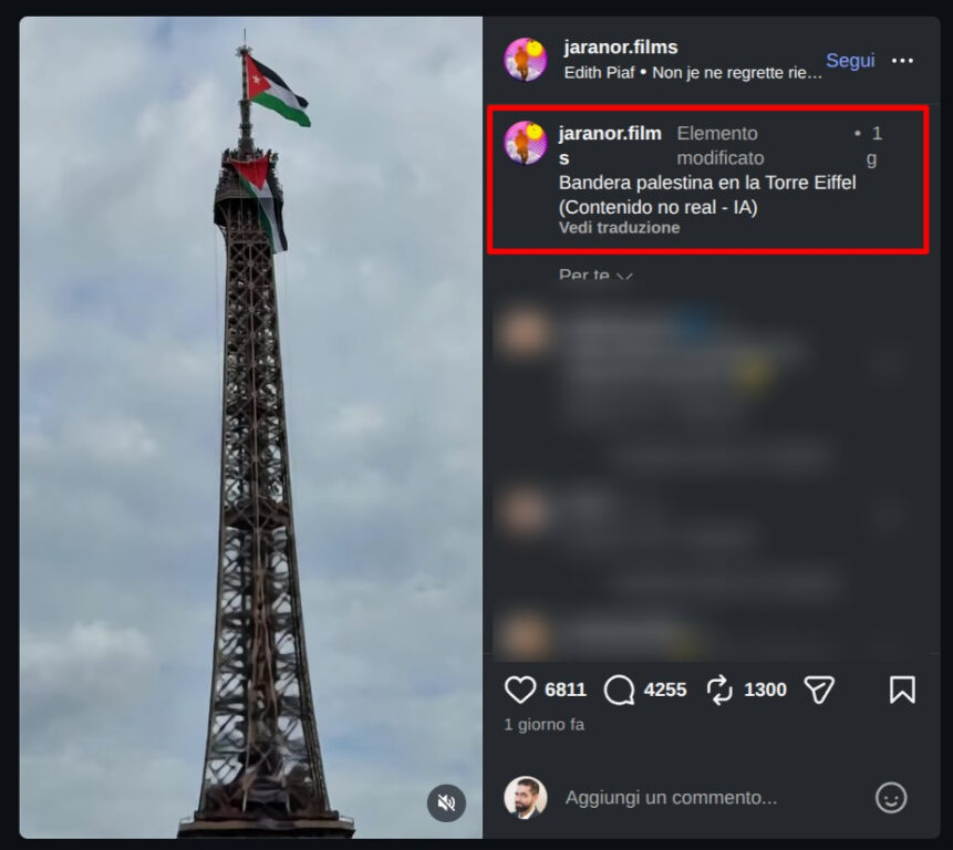 Screenshot del primo post su Instagram con il video, la cui didascalia indica che il contenuto non è reale ed è frutto dell’IA