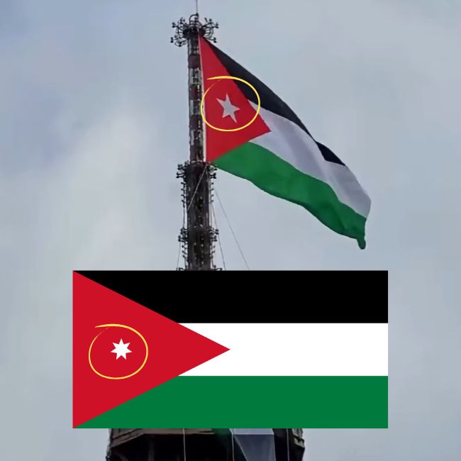 Fotogramma del video generato con l’IA con due bandiere sulla Torre Eiffel, una palestinese e una simile a quella giordana ma con una stella a cinque punte