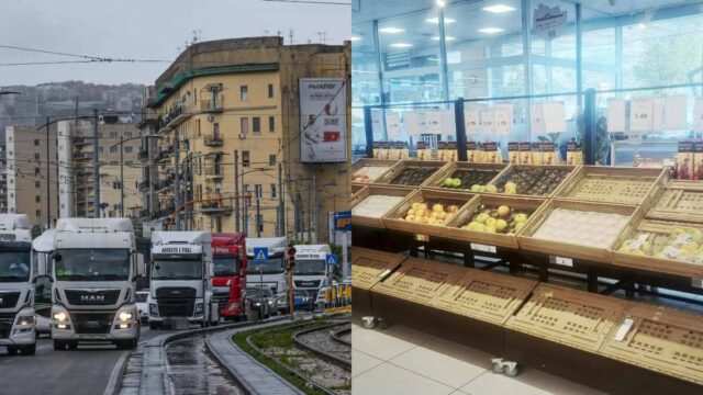 Blocchi Tir a Napoli e scaffali vuoti nei supermercati