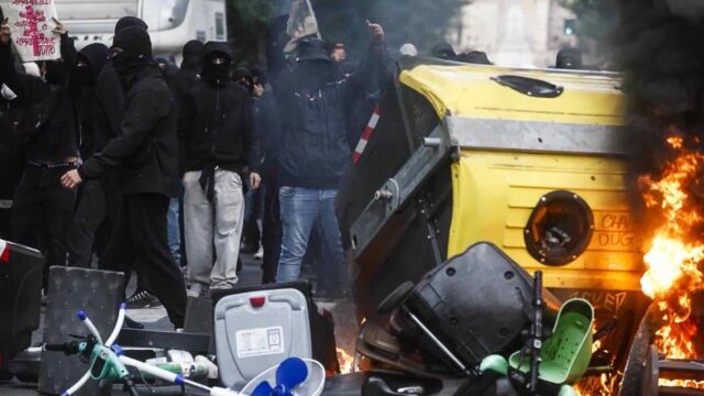 Cassonetto a fuoco a Roma durante corteo non autorizzato