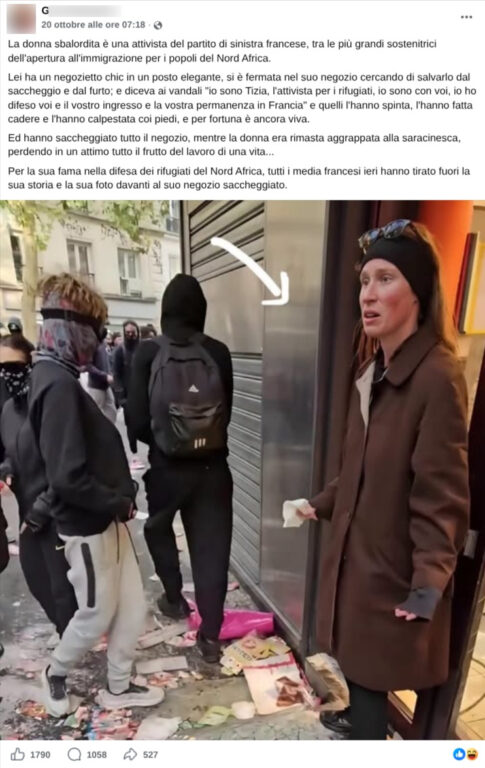 Screenshot di un post Facebook con una donna in cappotto marrone davanti a una saracinesca e a persone con il volto coperto, a Parigi