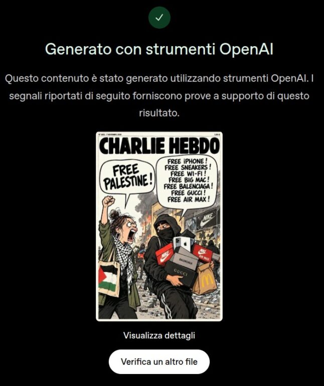 Schermata dello strumento di verifica di OpenAI con l’esito «Generato con strumenti OpenAI» accanto alla falsa copertina di Charlie Hebdo.
