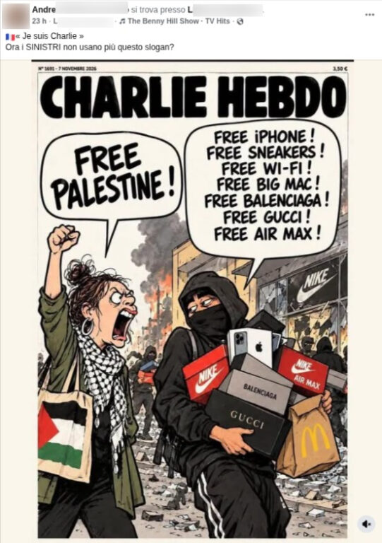 Screenshot di un secondo post Facebook con la stessa falsa copertina di Charlie Hebdo, che chiede se lo slogan «Je suis Charlie» non verrà più usato.