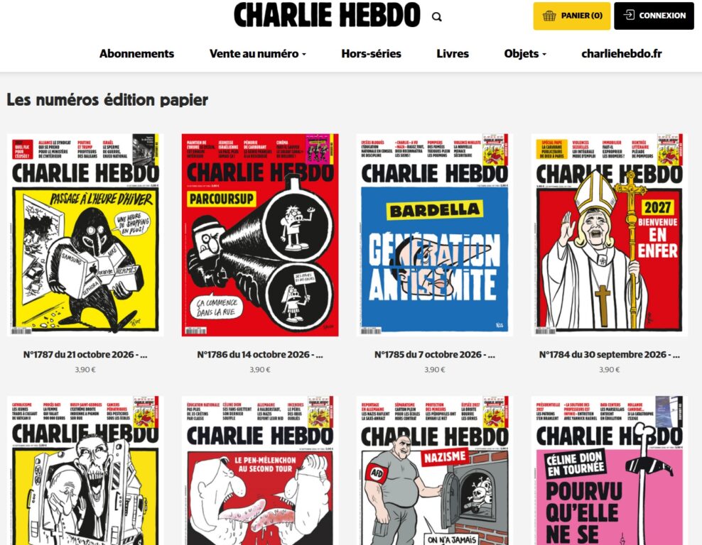 Archivio delle copertine sul sito di Charlie Hebdo, nel quale non compare la copertina con «Free Palestine» e «Free iPhone».
