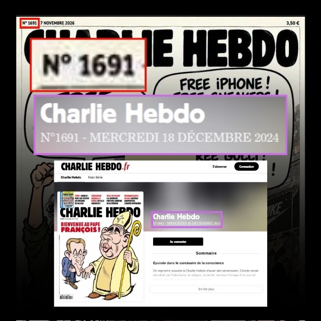 Confronto con la falsa copertina e la pagina del sito di Charlie Hebdo con il numero 1691, pubblicato il 18 dicembre 2024.
