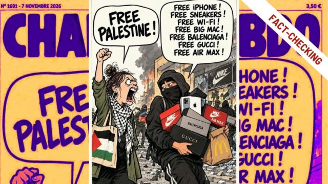 Falsa copertina di Charlie Hebdo generata con IA, con la scritta «Free Palestine!» pronunciata da una manifestante con il pugno alzato e un elenco di «Free iPhone», «Free Gucci» e «Free Air Max» detto da un uomo incappucciato che esce da un negozio con le scatole.