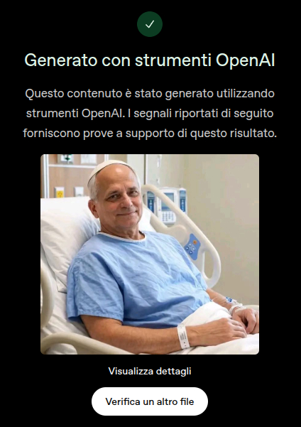 Schermata dello strumento di verifica di OpenAI che indica l’immagine del letto d’ospedale come generata con strumenti OpenAI