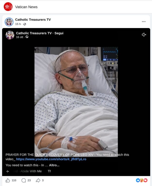 Screenshot di un post Facebook con l’immagine generata con l’IA di un uomo anziano sofferente con una mascherina per l’ossigeno