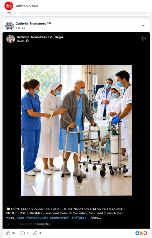 Screenshot di un post Facebook con l’immagine generata con l’IA di un uomo anziano che cammina con un deambulatore, circondato da personale sanitario