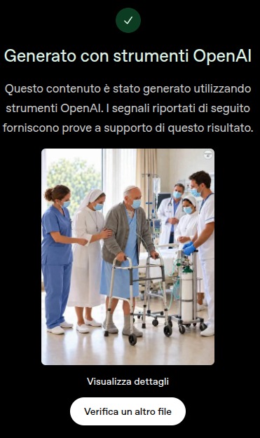 Schermata dello strumento di verifica di OpenAI che indica l’immagine con il deambulatore come generata con strumenti OpenAI
