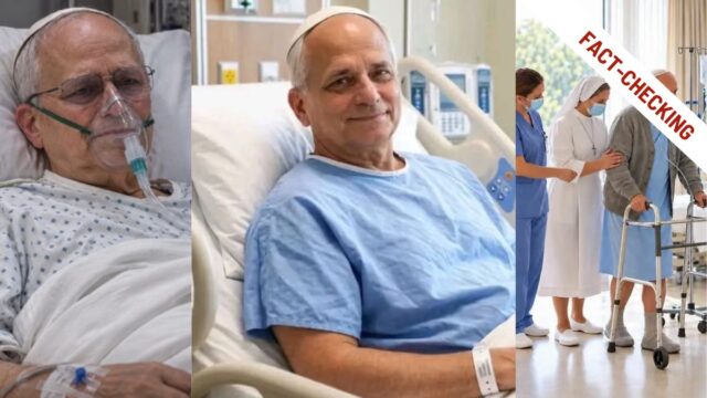 Collage di tre immagini generate con l’IA che mostrano un anziano con lo zucchetto bianco in ospedale, con la mascherina dell’ossigeno, sorridente nel letto e con un deambulatore, con la scritta «Fact-checking»