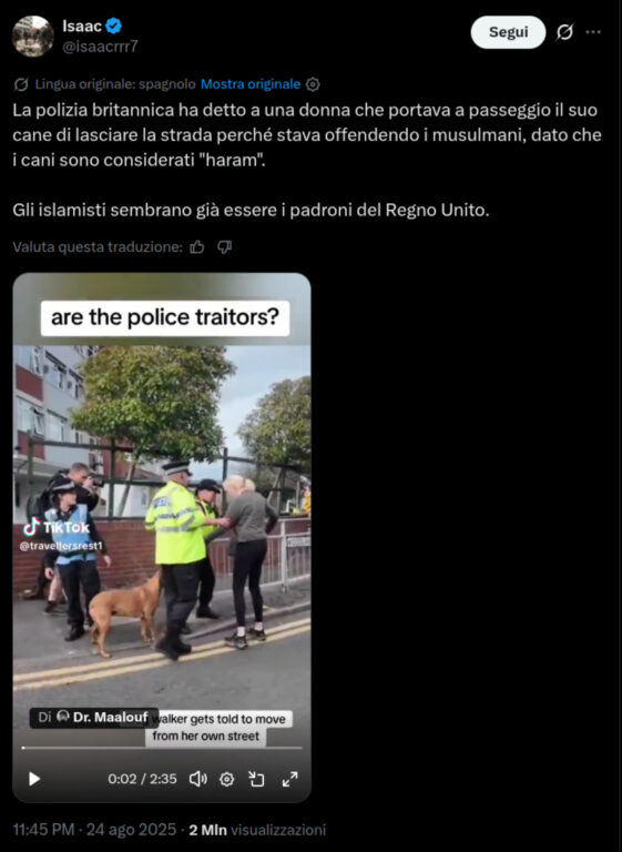 Post su X dell’agosto 2025 con il video e la frase sul presunto divieto di portare i cani